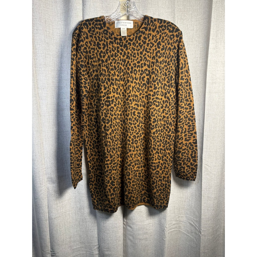 Jones New York Dress Womens L Brown Leopard 100% Merino Wool Knit Tunic Sweater